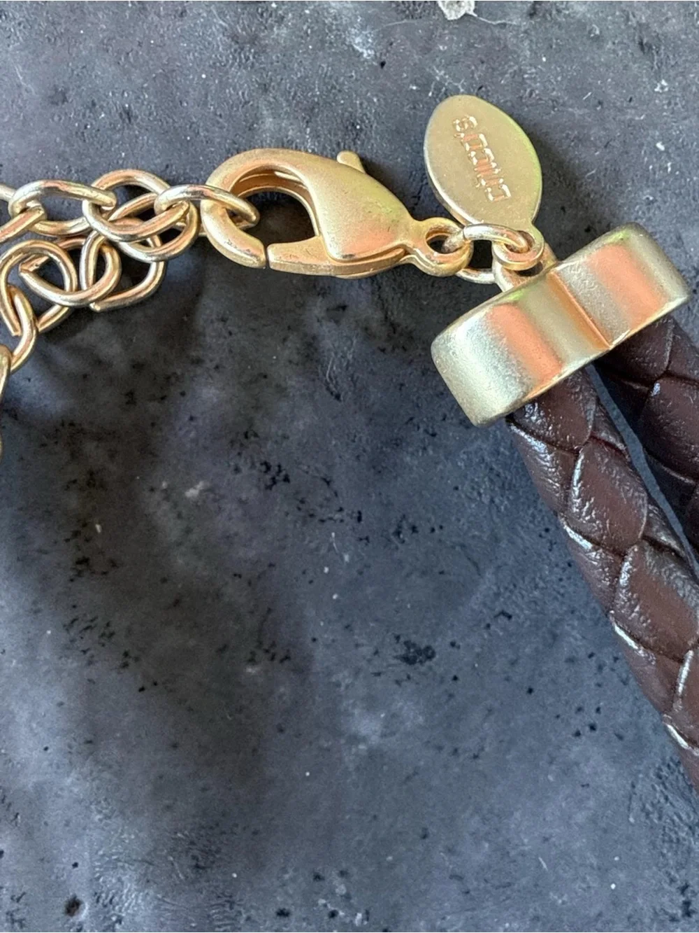 Chico's Brown Braided Leather Necklace with Pearl & Gold Accents